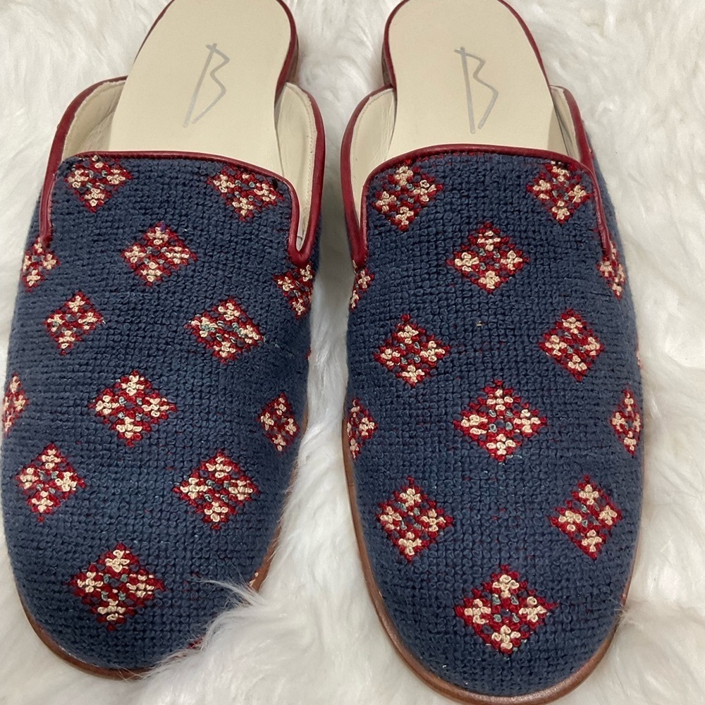 Rare Vero Cuoio Navy and Burgundy Patterned Mules